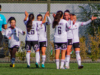 Jugadores de Colo-Colo Femenino celebran un gol en la victoria 4-0 ante Fernández Vial en el Estadio Municipal de Hualqui.