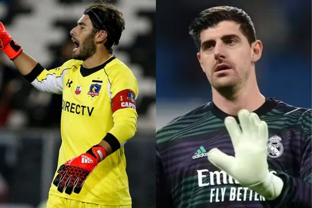 Paulo Garcés y Thibaut Courtois con las camisetas de Colo Colo y Real Madrid.