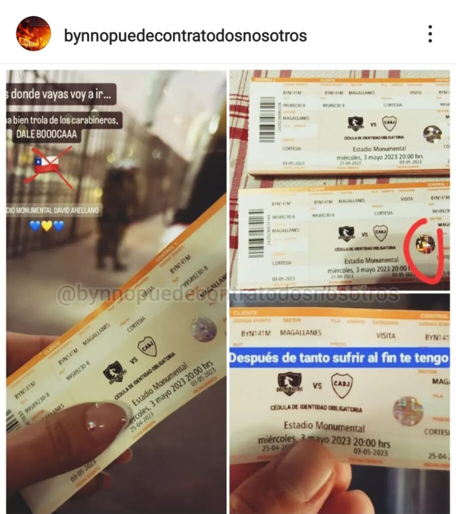 Captura del Instagram de "bynnopuedecontratodosnosotros" con una imagen de hinchas de Boca Juniors mostrando entradas de cortesía para ver el duelo ante Colo-Colo por Copa Libertadores.