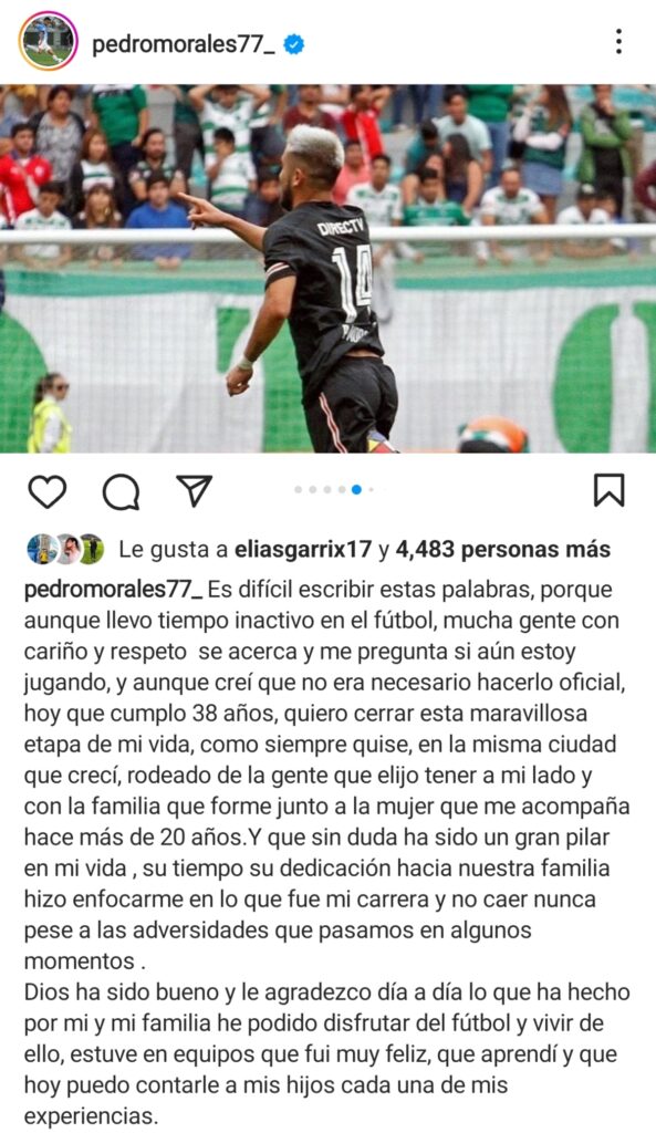 Mensaje de despedida de Pedro Morales, compartido en su cuenta de Instagram, donde anunció su retiro del fútbol.