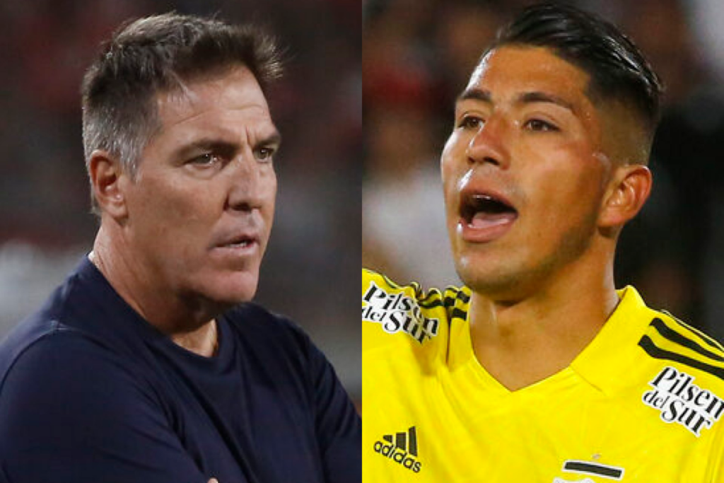 Primer plano al entrenador de la selección chilena Eduardo Berizzo (sector izquierdo) y al jugador de Colo-Colo Brayan Cortés (lado derecho)