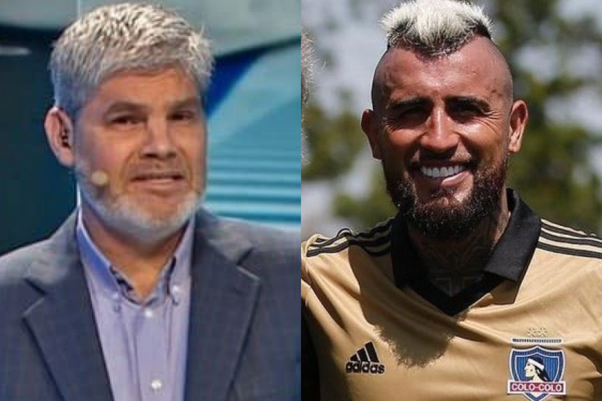 Juan Cristóbal Guarello con micrófono durante un programa. Arturo Vidal posando feliz con camiseta de Colo-Colo.