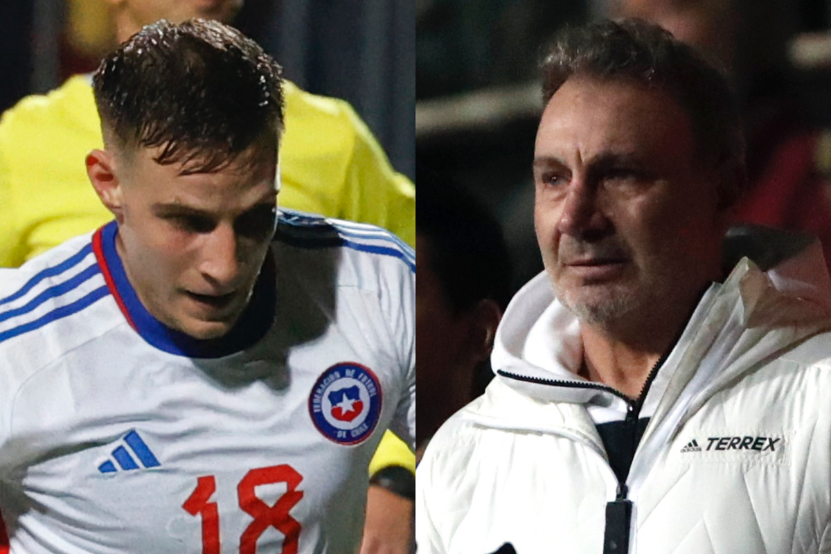 Bruno Barticciotto con la camiseta de la selección chilena. Marcelo Barticciotto mirando atento el partido desde la tribuna.