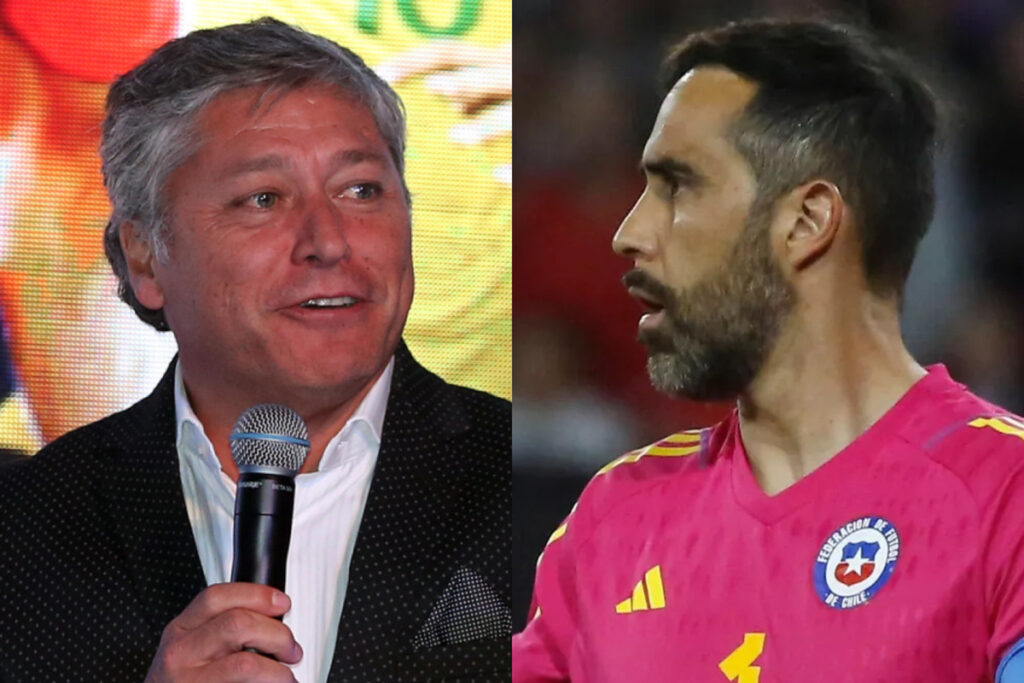 Patricio Yáñez sonriente con un micrófono en la mano. Claudio Bravo serio con la camiseta de la selección chilena.