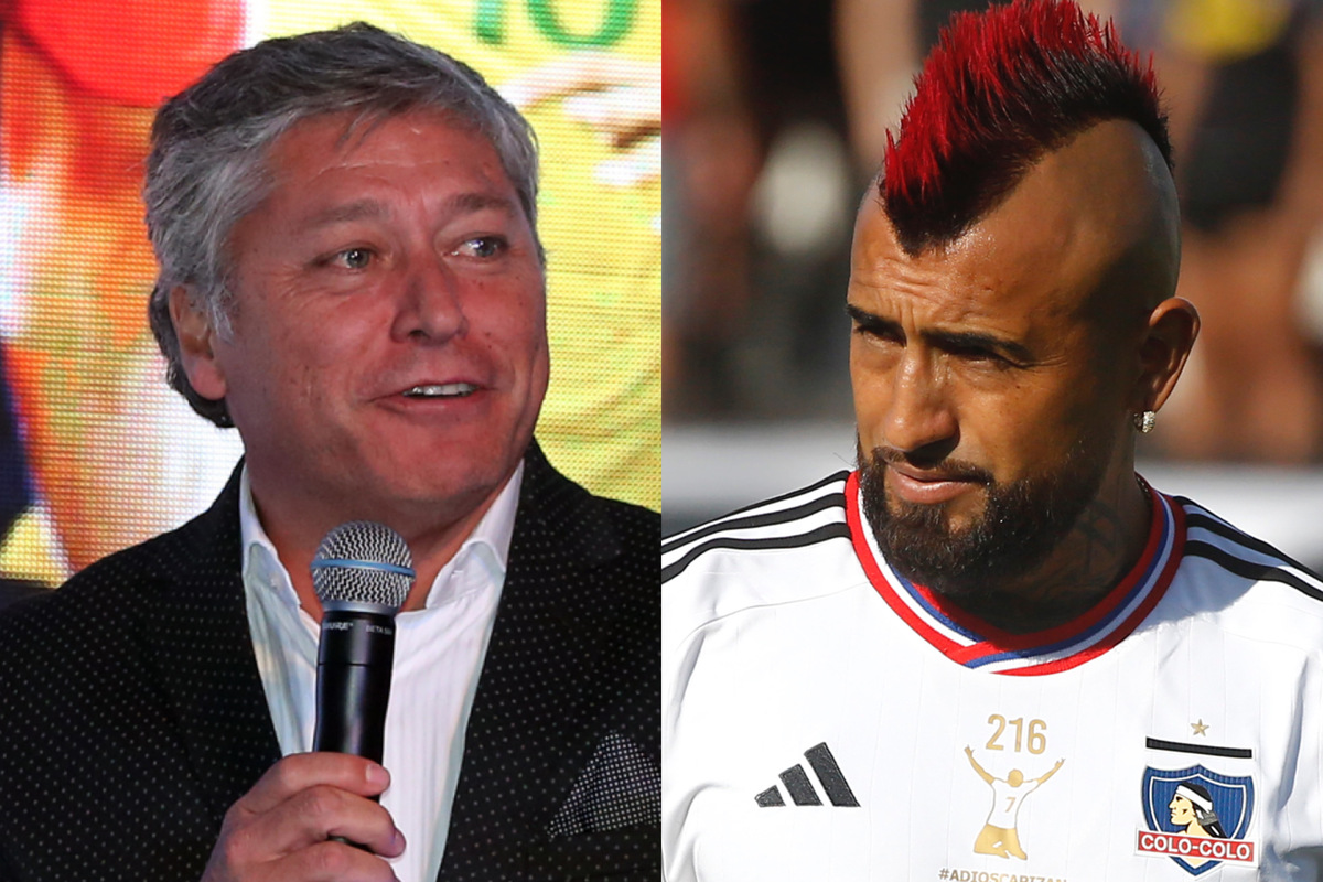 Patricio Yáñez sonriente con micrófono en la mano. Arturo Vidal serio con la camiseta de Colo-Colo.