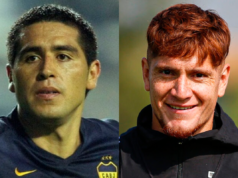 Primero plano a Juan Román Riquelme, actual vicepresidente y gerente deportivo de Boca Juniors, y Leonardo Gil, volante de Colo-Colo.