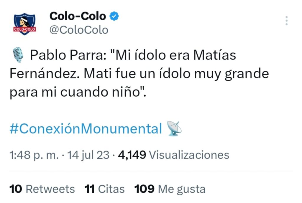 Cuña Pablo Parra en Twitter de Colo-Colo sobre Matías Fernández