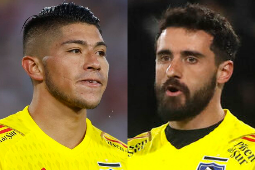 Primer plano a los rostros de preocupación de Fernando de Paul y Brayan Cortés, actuales arqueros de Colo-Colo durante la temporada 2023.