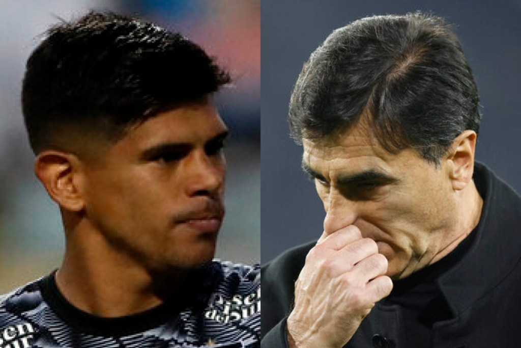 Primer plano a los rostros de Esteban Pavez y Gustavo Quinteros, actual jugador y entrenador de Colo-Colo, respectivamente.