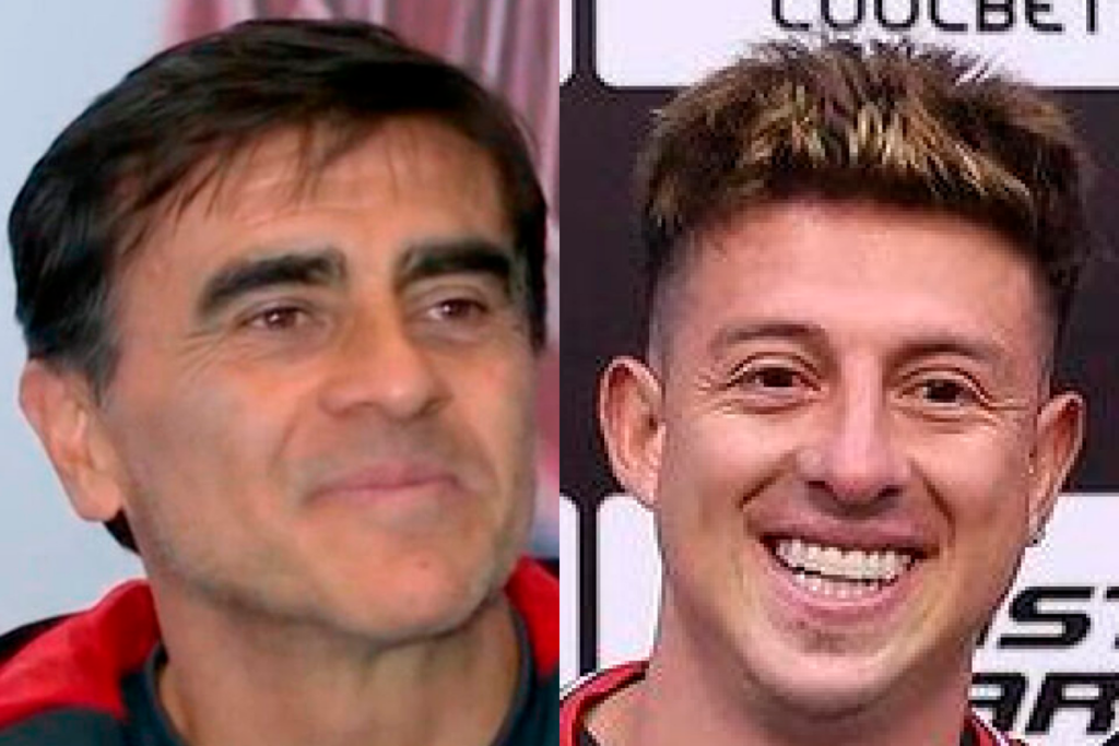 Primer plano a los rostros sonrientes de Gustavo Quinteros y Pablo Parra, actual entrenador y jugador de Colo-Colo, respectivamente.