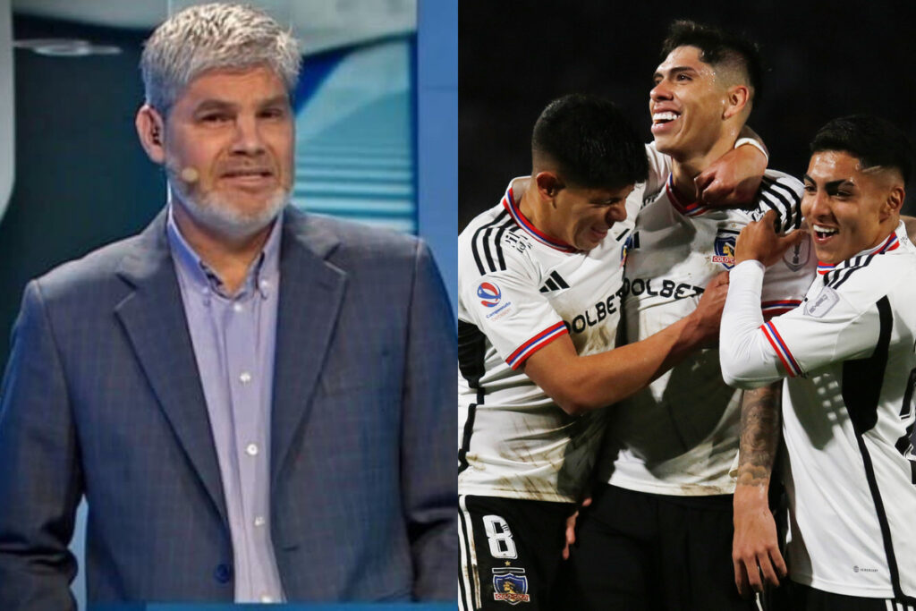 Juan Cristóbal Guarello serio. Jugadores de Colo-Colo celebrando.