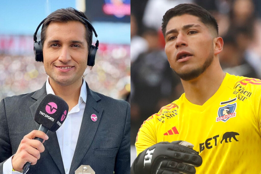 Daniel Arrieta con micrófono en mano cubriendo un partido de Colo-Colo. Brayan Cortés disputando un partido por Colo-Colo.