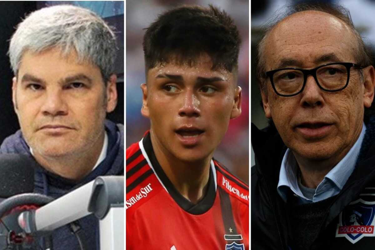 Primer plano a los rostros del periodista Juan Cristóbal Guarello, al jugador de Colo-Colo Damián Pizarro y al presidente de ByN Alfredo Stöhwing.