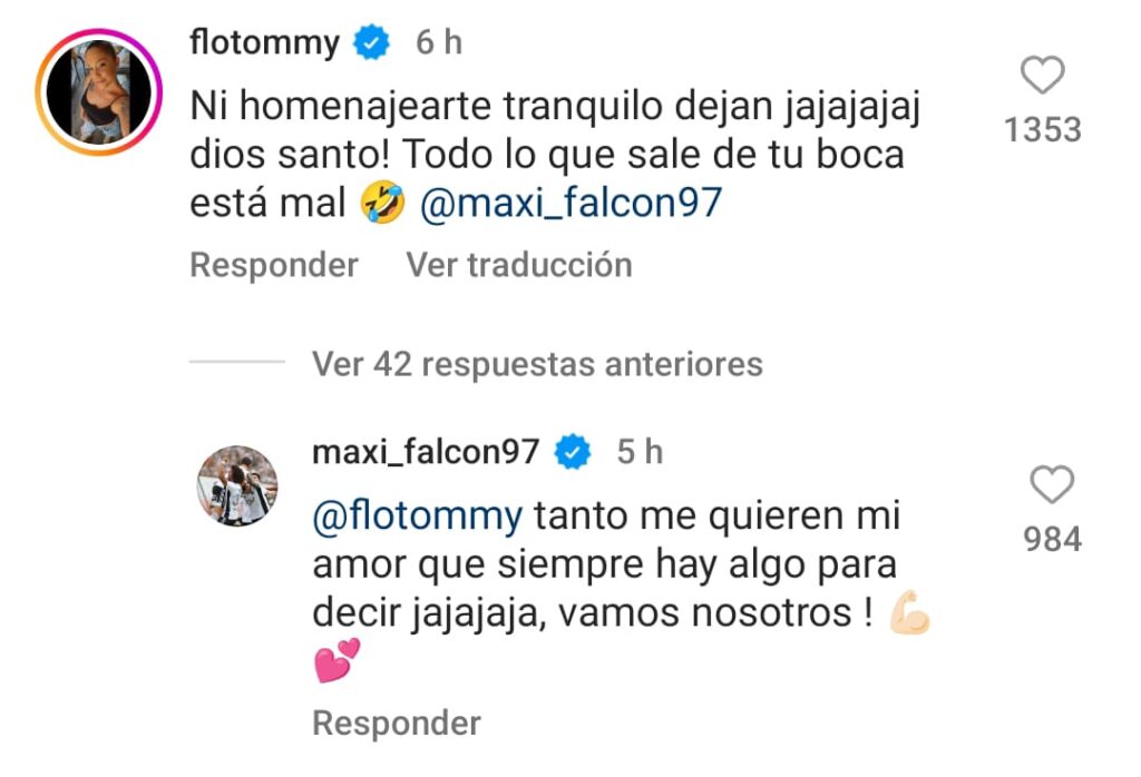 Comentario de Maximiliano Falcón y Florencia Pouso en Instagram.