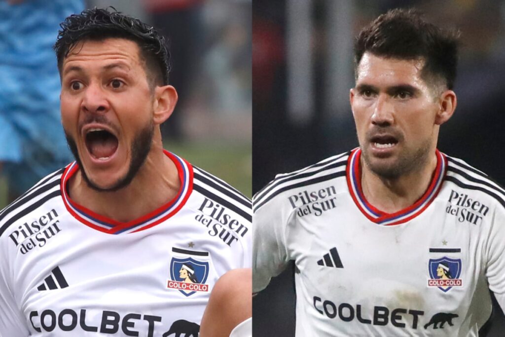 Primer plano a las caras de Ramiro González y César Fuentes con la camiseta de Colo-Colo.