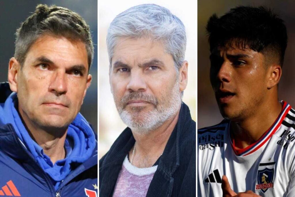 Primer plano a los rostros de Mauricio Pellegrino, Juan Cristóbal Guarello y Damián Pizarro, actual entrenador de Universidad de Chile, periodista nacional y jugador de Colo-Colo, respectivamente.