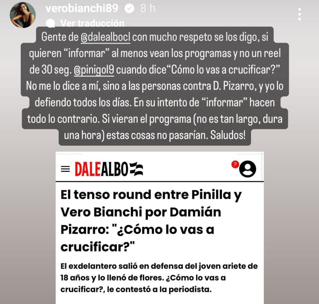 Comentario de Verónica Bianchi en sus historias criticando a Dale Albo.