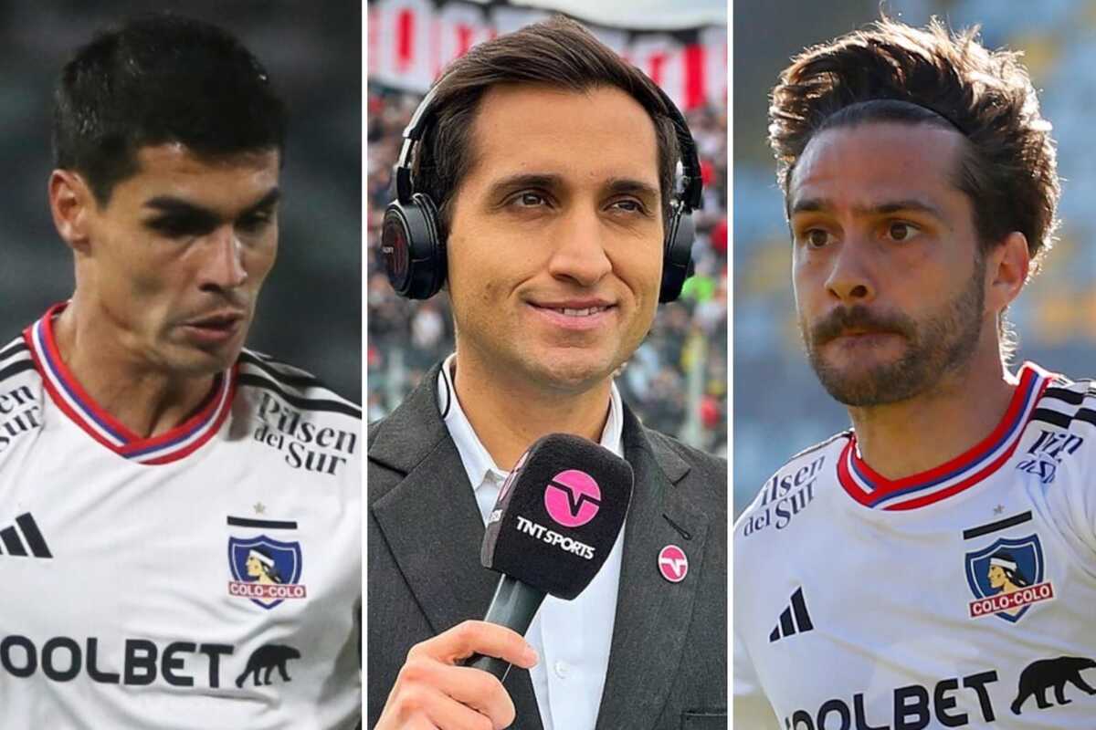 Primer plano a los rostros de Erick Wiemberg y Agustín Bouzat, actuales jugadores de Colo-Colo y Daniel Arrieta, periodista nacional en TNT Sports.