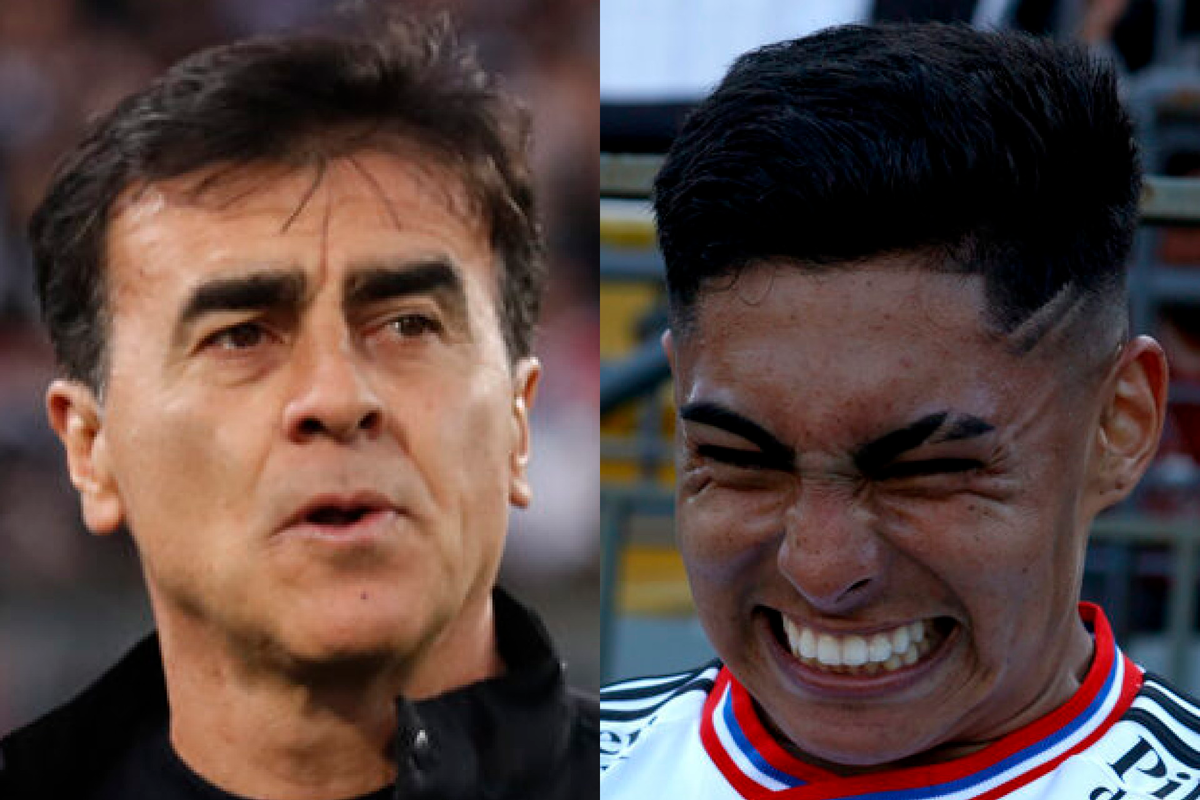 Primer plano al rostro preocupado de Gustavo Quinteros y a un eufórico Jordhy Thompson, actual entrenador y futbolista de Colo-Colo, respectivamente.