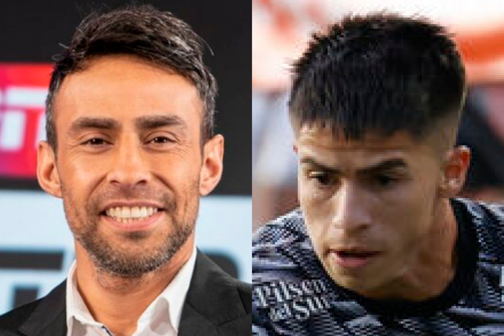 Primer plano a los rostros de Jorge Valdivia y Matías Moya, actual comentarista deportivo y jugador de Colo-Colo, respectivamente.