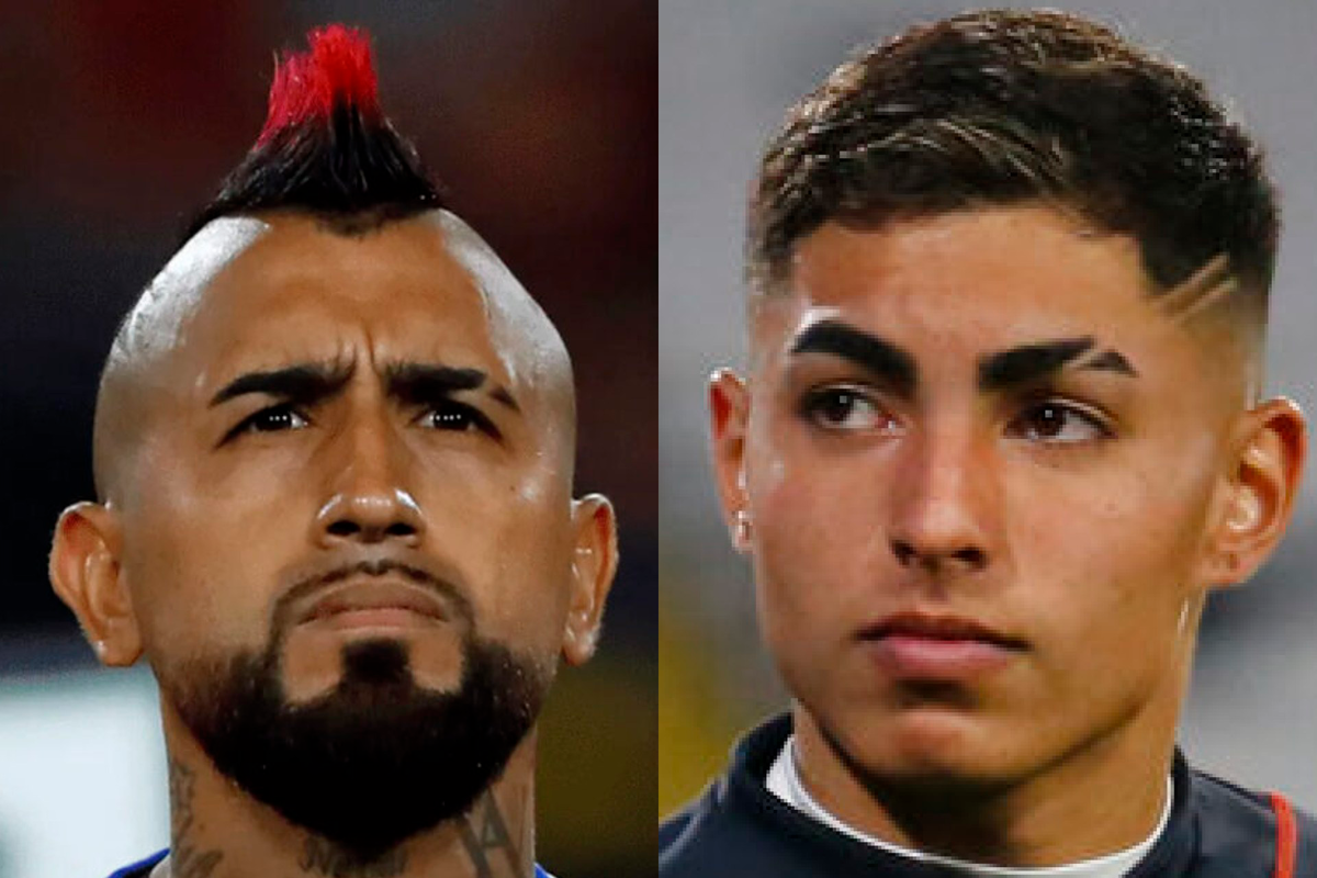 Primer plano al rostro desafiante de Arturo Vidal y Jordhy Thompson, actual futbolistas de Athletico Paranaense y Colo-Colo-Colo, respectivamente.