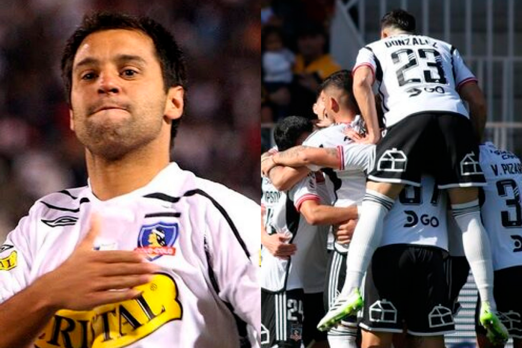 Gustavo Biscayzacú se toma con una mano el pecho tras anotar un gol con la camiseta de Colo-Colo, mientras que en el sector derecho los futbolistas albos festejan un tanto durante el segundo semestre del 2023.