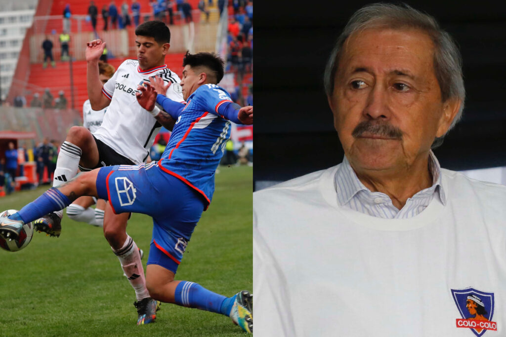 Jugadores de Colo-Colo y Universidad de Chile disputando un balón. Leonardo Véliz con una réplica de la camiseta de Colo-Colo 1973.