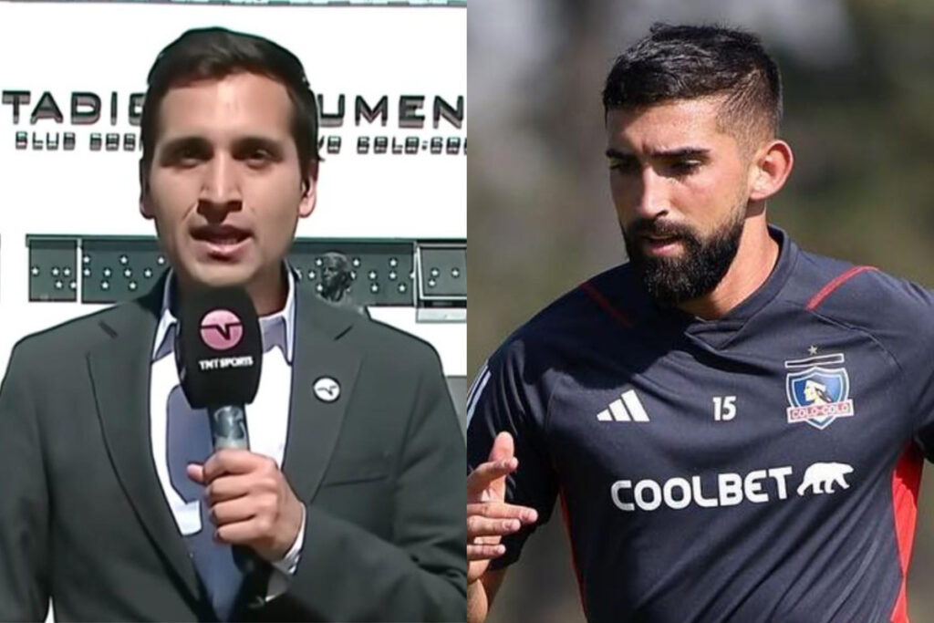 Daniel Arrieta con el micrófono en la mano en el Estadio Monumental. Emiliano Amor ejercitándose con la camiseta de Colo-Colo.