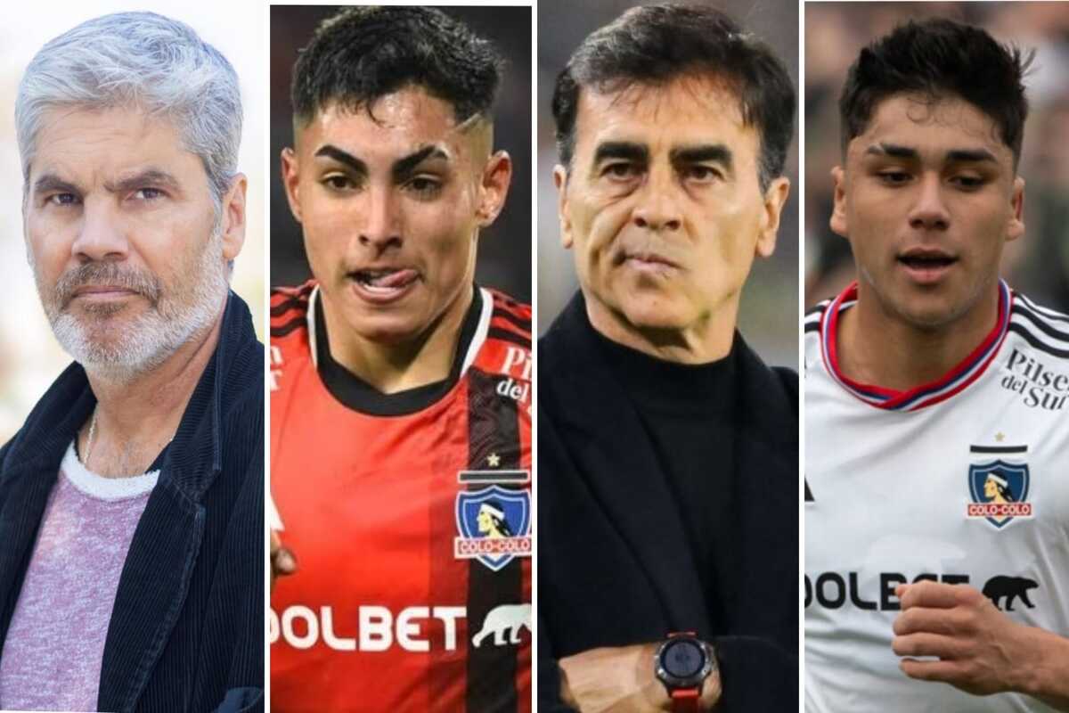 Primer plano a los rostros de los futbolistas Jordhy Thompson y Damián Pizarro, sumado al entrenador de Colo-Colo Gustavo Quinteros y Juan Cristóbal Guarello, premio nacional de periodismo deportivo en 2011.