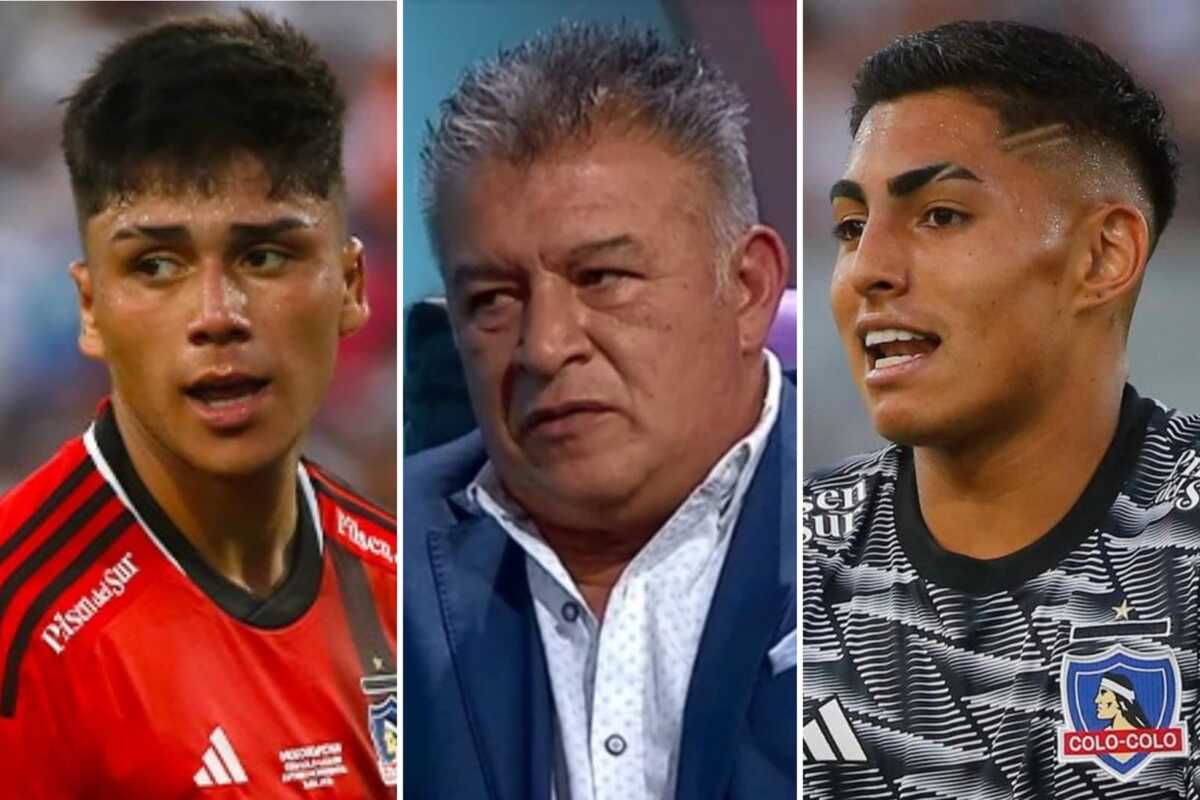 Primer plano a las caras de los jugadores de Colo-Colo Damián Pizarro y Jordhy Thompson, sumado a Claudio Borghi, ex futbolista profesional y actual comentarista deportivo.