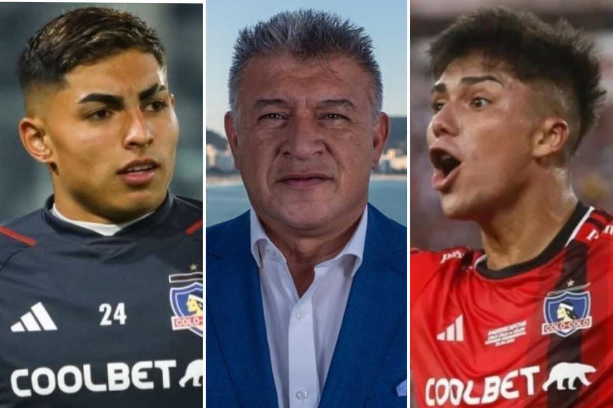 Primer plano a los rostros de Jordhy Thompson, Damián Pizarro y Claudio Borghi, jugadores de Colo-Colo y actual comentarista deportivo, respectivamente.