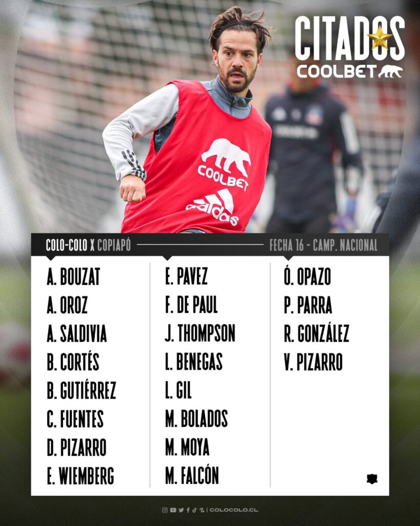 Lista de futbolistas citados para el partido de Colo-Colo vs Deportes Copiapó con Agustín Bouzat entrenando en el Estadio Monumental.