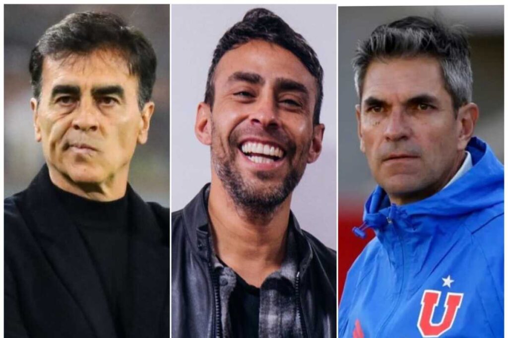 Primer plano a los rostros de Gustavo Quinteros, Jorge Valdivia y Mauricio Pellegrino, actual entrenador de Colo-Colo, comentarista deportivo y DT de Universidad de Chile, respectivamente.