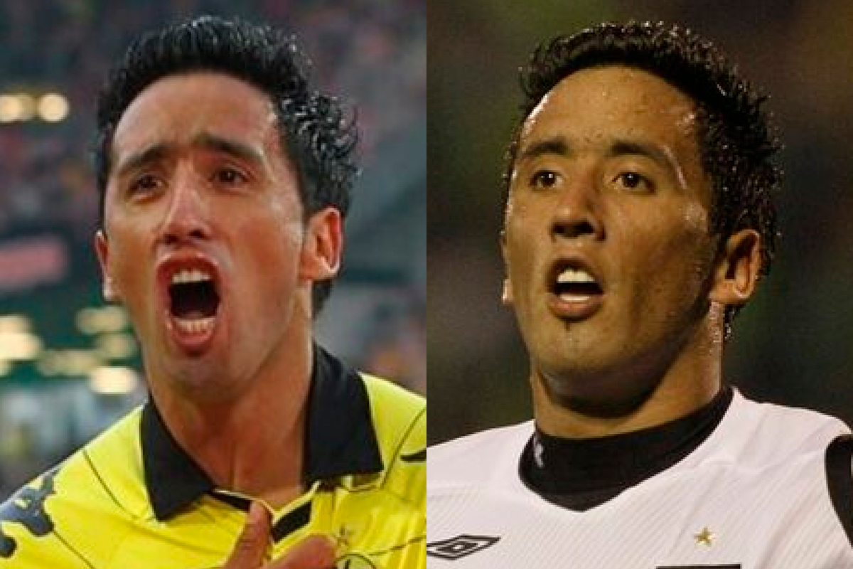 Primer plano al rostro eufórico de Lucas Barrios con la camiseta de Borussia Dortmund en el sector izquierdo, mientras que a la derecha se ve al propio atacante con los colores de Colo-Colo algo más cauto.