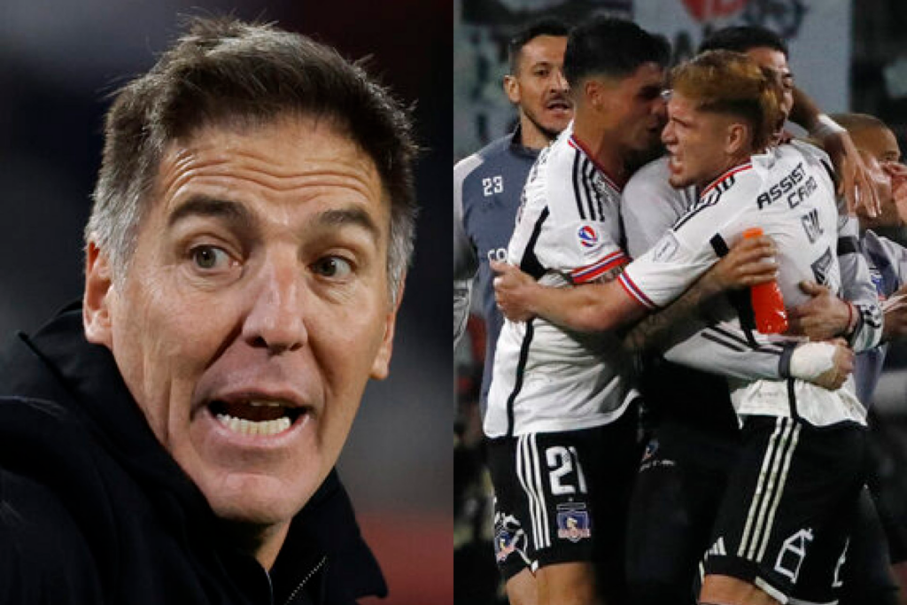 Primer plano al rostro de Eduardo Berizzo, mientras que en el sector derecho aparecen los futbolistas de Colo-Colo celebrando un gol durante la temporada 2023.