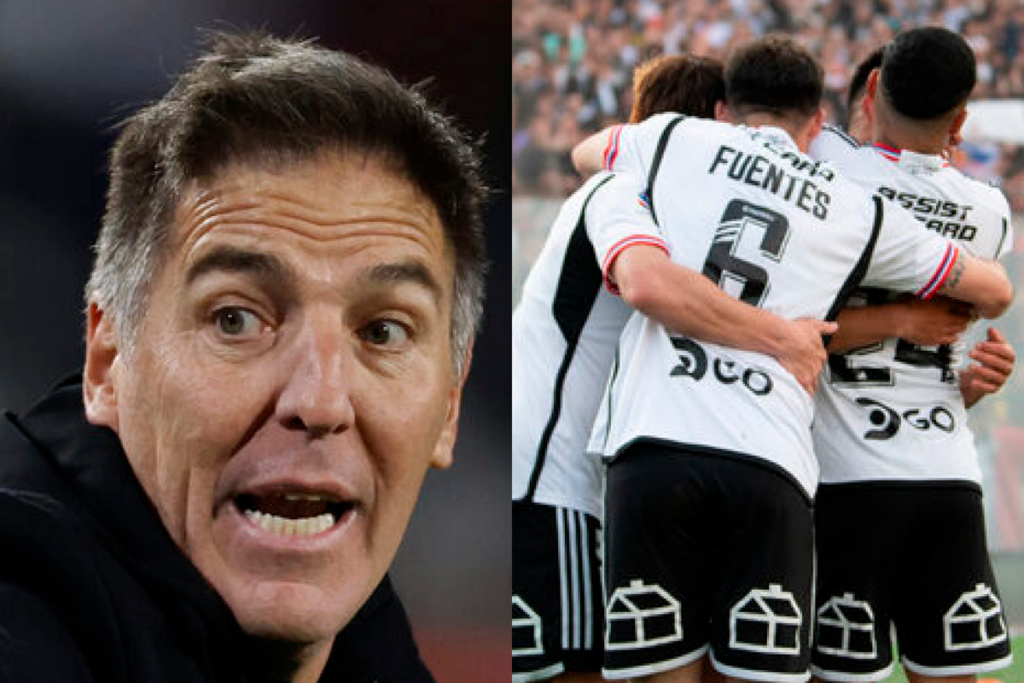 Primer plano al rostro de Eduardo Berizzo, sumado a los futbolistas de Colo-Colo celebrando un gol durante la temporada 2023.