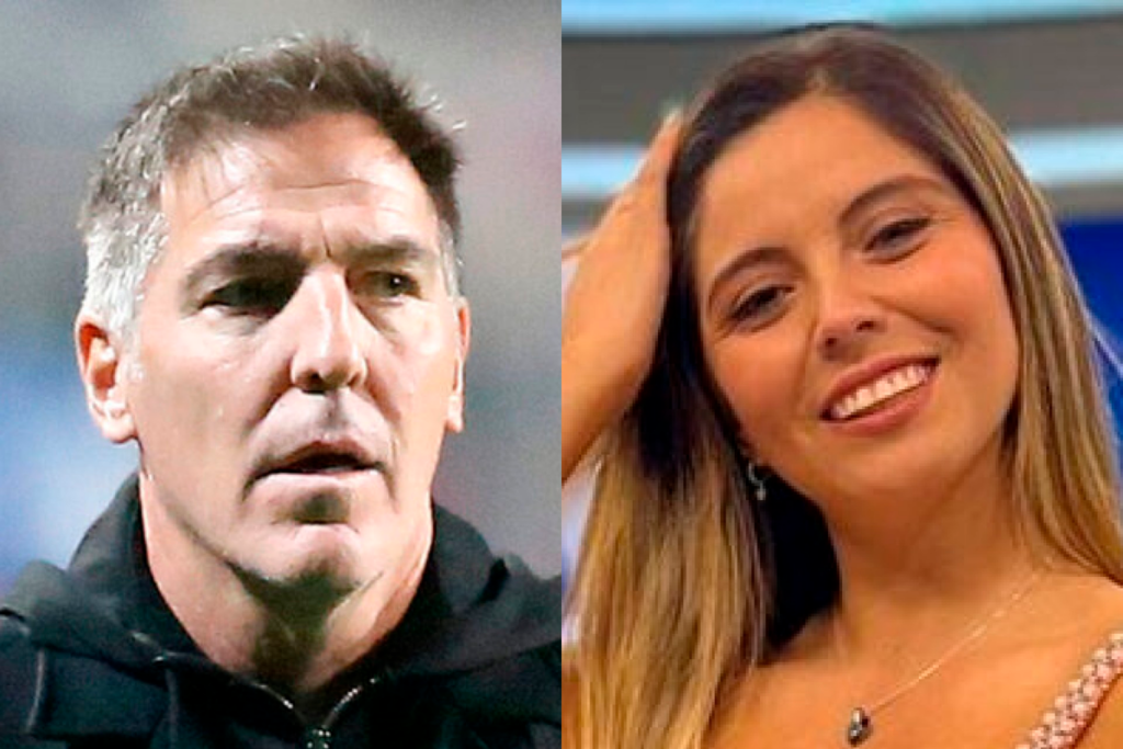 Primer plano al rostro de preocupación de Eduardo Berizzo y la cara sonriente de Verónica Bianchi, actual entrenador de la Selección Chilena y periodista deportiva de TNT Sports, respectivamente.