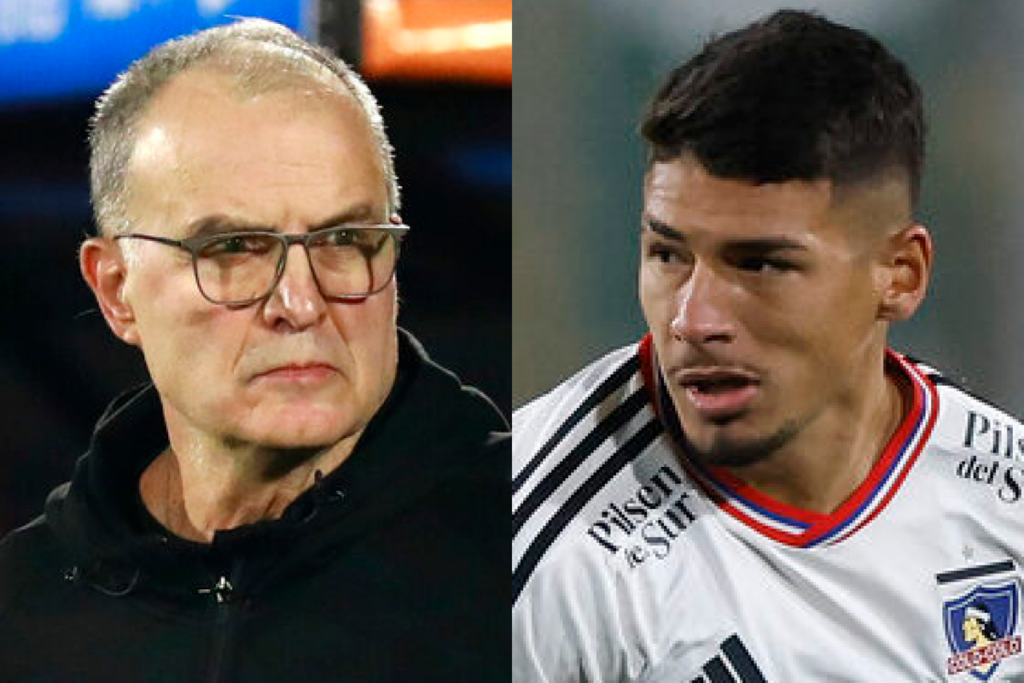 Primer plano al rostro de Marcelo Bielsa y Alan Saldivia, actual entrenador de la Selección Uruguaya y jugador de Colo-Colo, respectivamente.