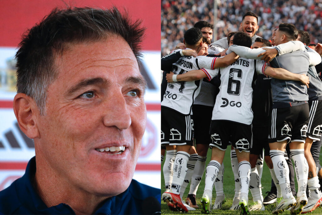 Eduardo Berizzo sonriendo. Jugadores de Colo-Colo abrazándose.