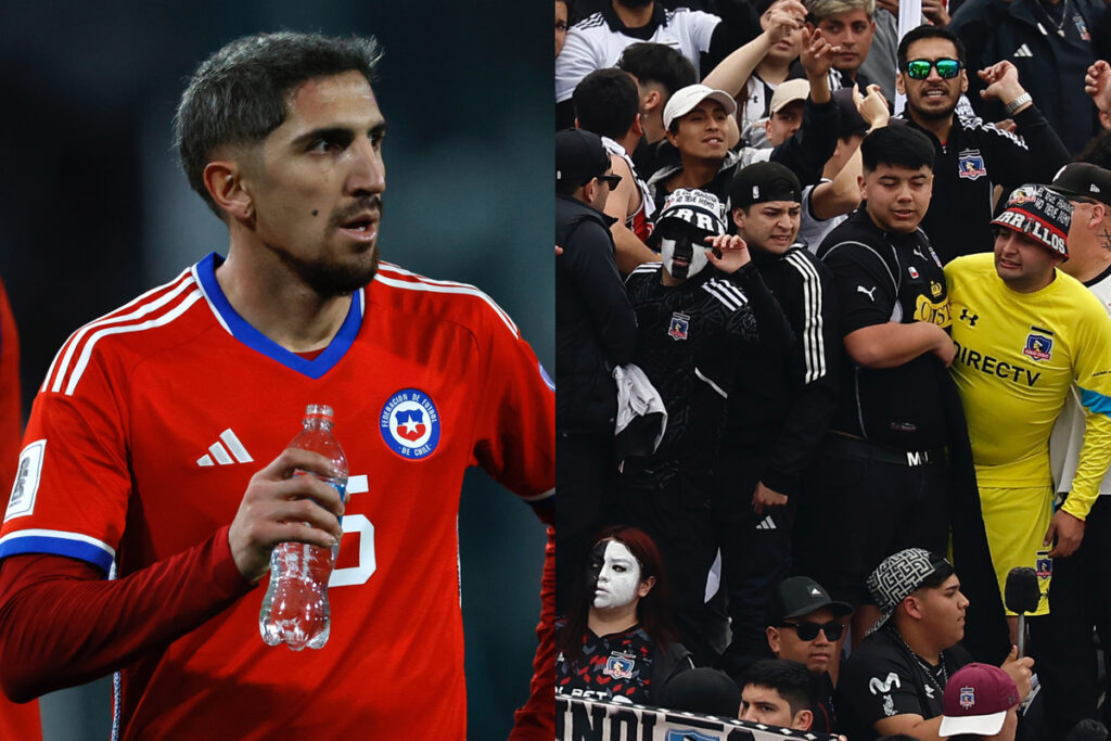 Diego Valdés con la camiseta de la Selección Chilena y una botella de agua en la mano. Hinchas de Colo-Colo en el Estadio Monunmental.