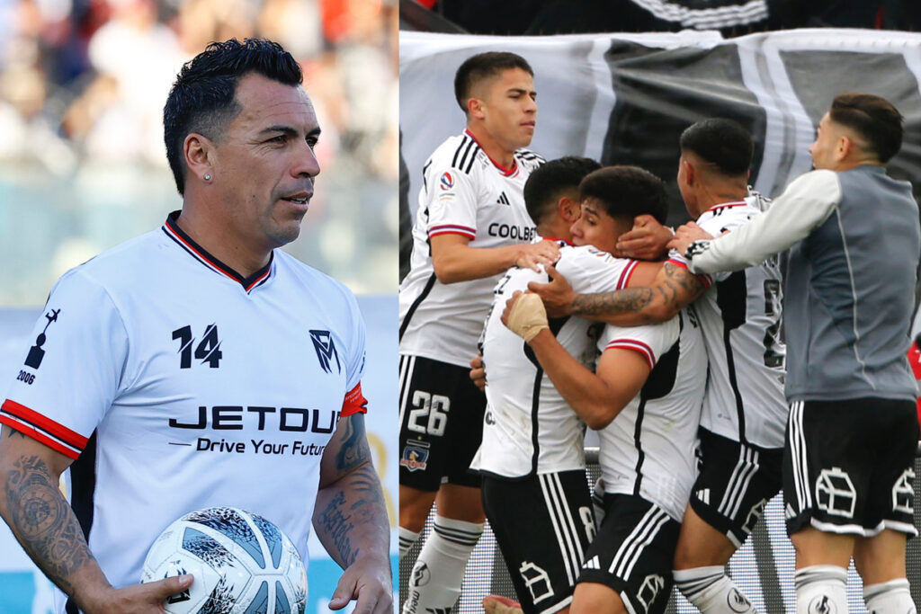 Esteban Paredes serio. Jugadores de Colo-Colo abrazándose.