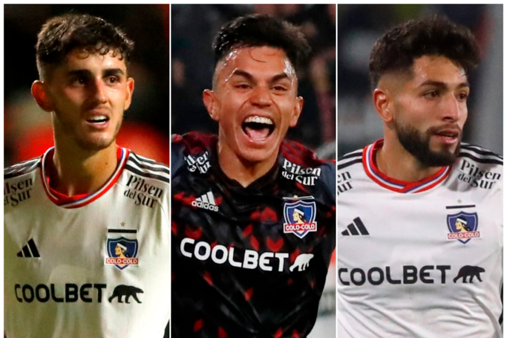 Primer plano a los rostros de Bruno Gutiérrez, Vicente Pizarro y Jeyson Rojas, jugadores de Colo-Colo durante la temporada 2023 y canteranos del club.