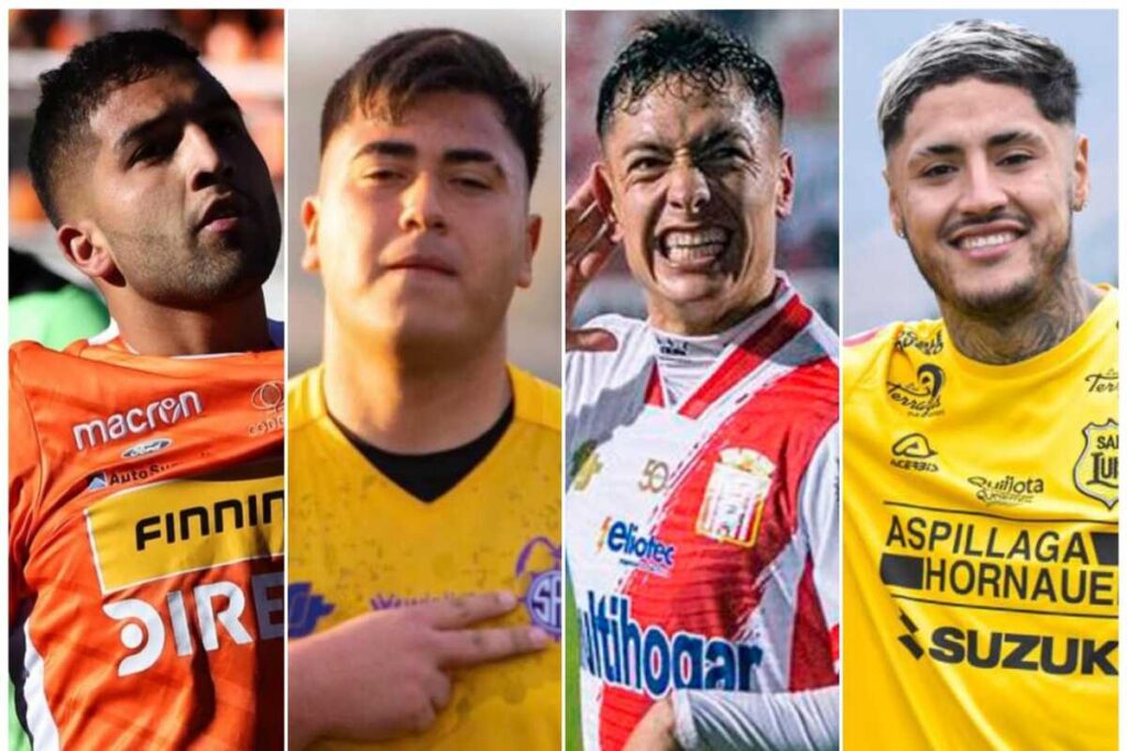 Primer plano a los rostros de los futbolistas Ignacio Jara, Julio Fierro, Cristián Zavala y Juan Carlos Gaete, quienes estuvieron a préstamo en distintos clubes del fútbol chileno durante la temporada 2023 desde Colo-Colo.