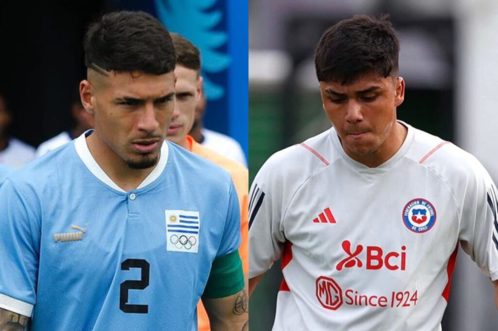 Primer plano a Alan Saldivia con la camiseta de Uruguay y Damián Pizarro con la indumentaria de entrenamiento de la Selección Chilena.