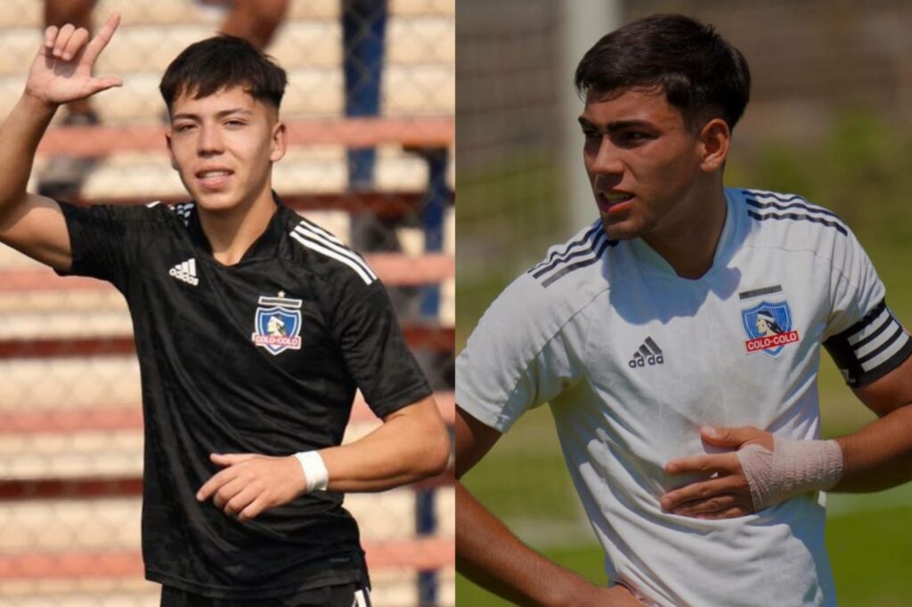 Primer plano a Leandro Hernández y Nicolás Suárez con la camiseta de Colo-Colo en el fútbol joven.