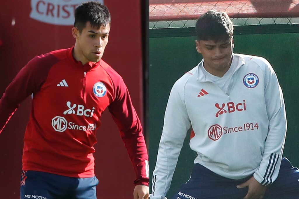 Primer plano a Alexander Aravena y Damián Pizarro entrenando con la Selección Chilena