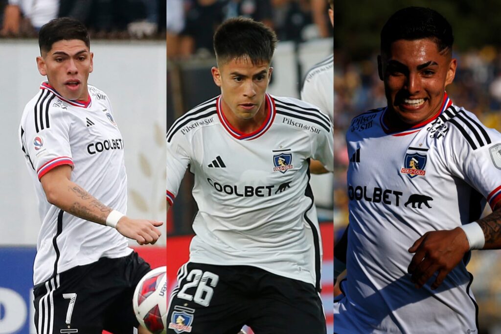 Carlos Palacios, Matías Moya, Jordhy Thompson con la camiseta de Colo-Colo.