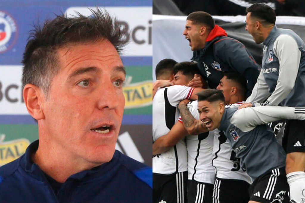 A mano izquierda se puede observar un primer plano al rostro del entrenador de la Selección Chilena, Eduardo Berizzo, mientras que a mano derecha se puede observar al plantel de Colo-Colo celebrando durante la temporada 2023.