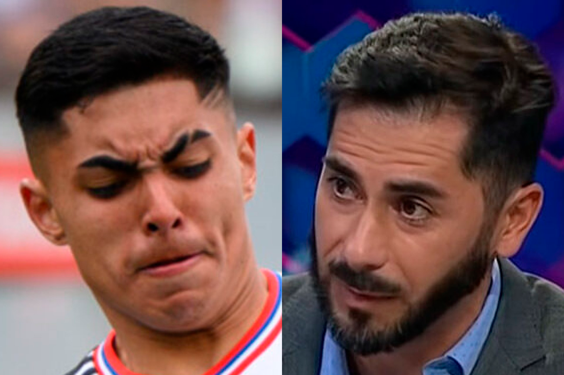 Primer plano al rostro de Jordhy Thompson y Johnny Herrera, actual jugador de Colo-Colo y comentarista deportivo, respectivamente.