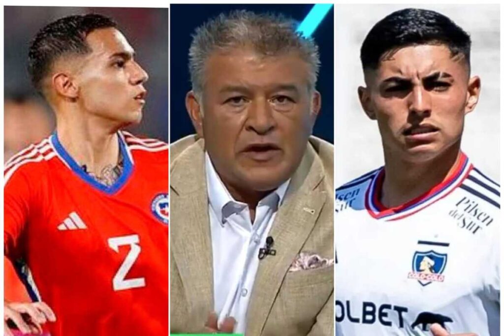 Primer plano al rostro de Claudio Borghi, ex jugador profesional y actual comentarista deportivo, sumado al deportista Matías Fernández y Jordhy Thompson, futbolistas de Independiente del Valle y Colo-Colo durante la temporada 2023, respectivamente.